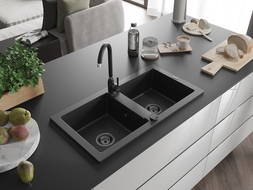 Mexen Mario granite sink 2-bowl with Telma kitchen tap, black/silver - 6504-73-670200-70-B