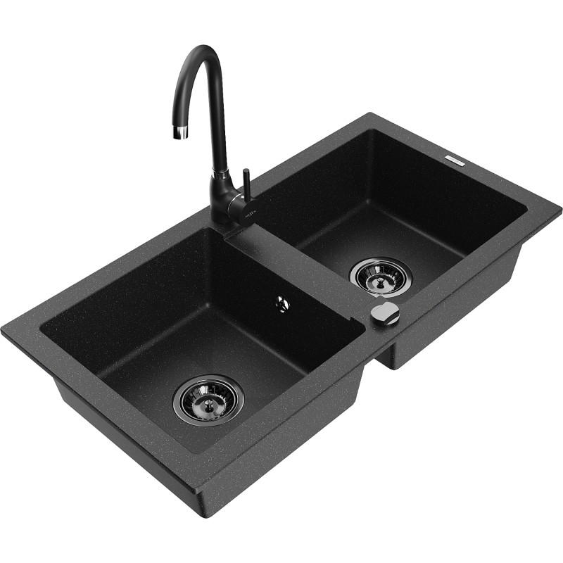 Mexen Mario 2-bowl granite kitchen sink with Telma kitchen faucet, black/silver - 6504-73-670200-70-B