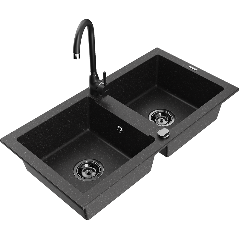 Mexen Mario granite sink 2-bowl with Telma kitchen tap, black/silver - 6504-73-670200-70-B