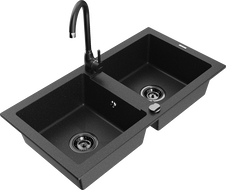 Mexen Mario granite sink 2-bowl with Telma kitchen tap, black/silver - 6504-73-670200-70-B