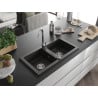 Mexen Mario Telma Granite Double-Bowl Sink with Kitchen Faucet, Black/Gold - 6504-75-670200-00