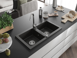 Mexen Mario granite sink 2-bowl with Telma kitchen tap, black/gold - 6504-75-670200-00