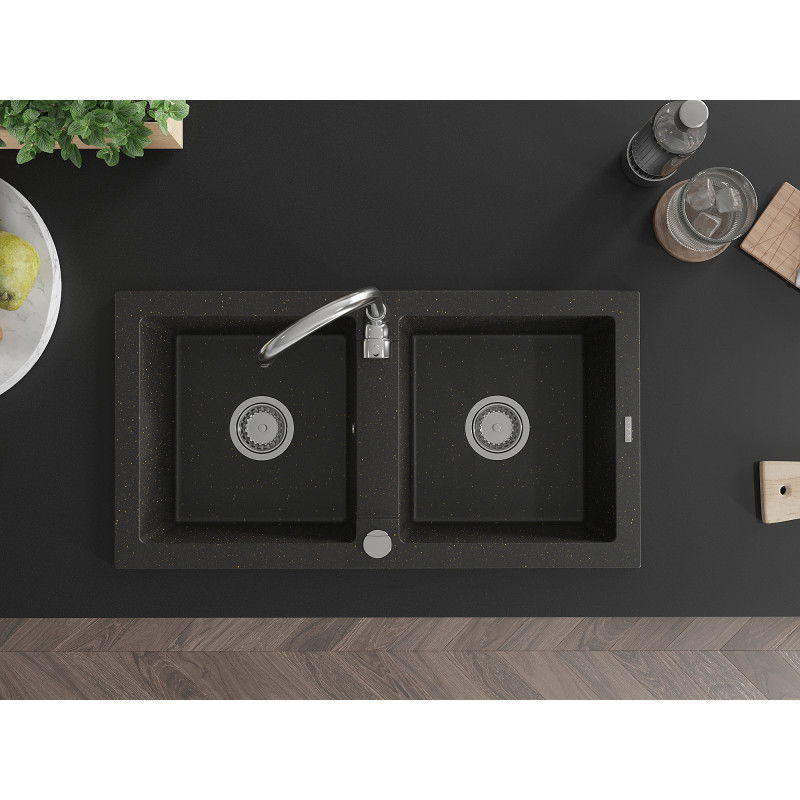 Mexen Mario granite sink 2-bowl with Telma kitchen tap, black/gold - 6504-75-670200-00