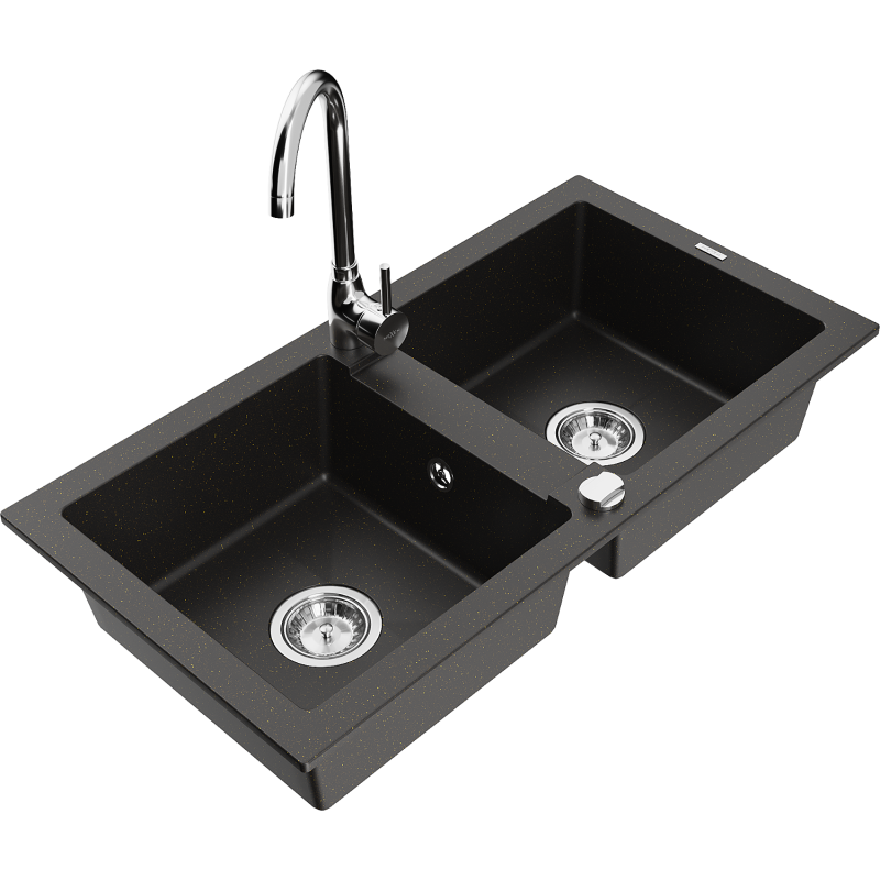 Mexen Mario granite sink 2-bowl with Telma kitchen tap, black/gold - 6504-75-670200-00
