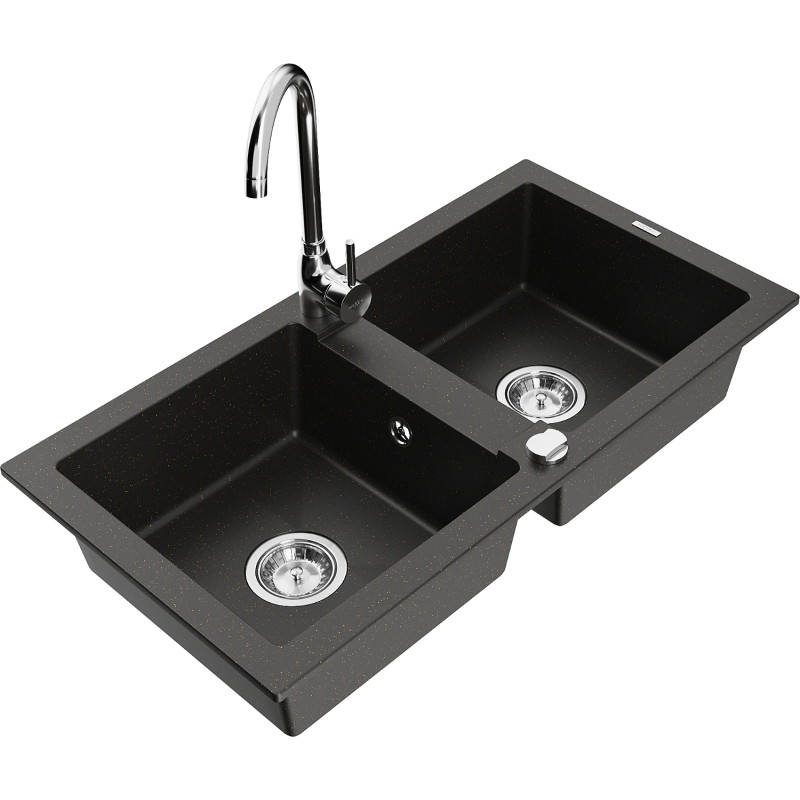 Mexen Mario Telma Granite Double-Bowl Sink with Kitchen Faucet, Black/Gold - 6504-75-670200-00