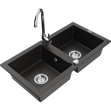 Mexen Mario granite sink 2-bowl with Telma kitchen tap, black/gold - 6504-75-670200-00