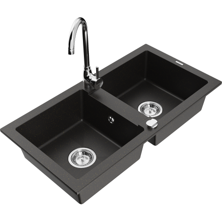 Mexen Mario Telma Granite Double-Bowl Sink with Kitchen Faucet, Black/Gold - 6504-75-670200-00