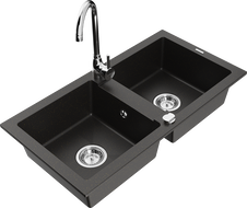 Mexen Mario granite sink 2-bowl with Telma kitchen tap, black/gold - 6504-75-670200-00