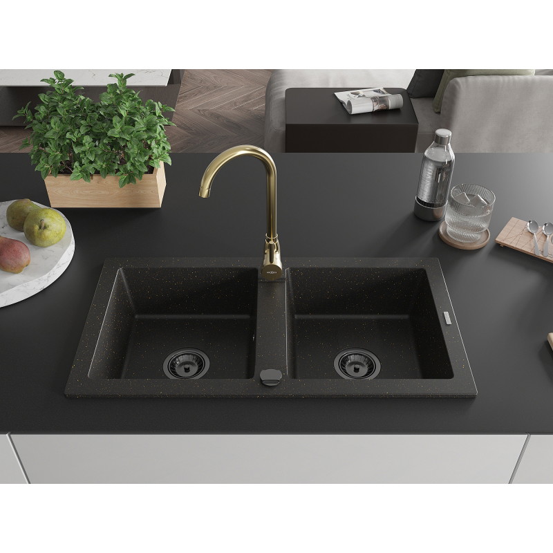 Mexen Mario granite double-bowl sink with Telma kitchen faucet, black/gold - 6504-75-670200-50-B