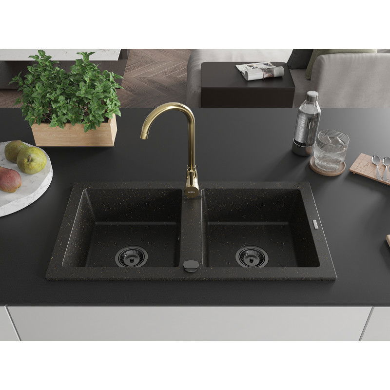Mexen Mario granite sink 2-bowl with Telma kitchen tap, black/gold - 6504-75-670200-50-B