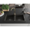 Mexen Mario granite double-bowl sink with Telma kitchen faucet, black/gold - 6504-75-670200-50-B