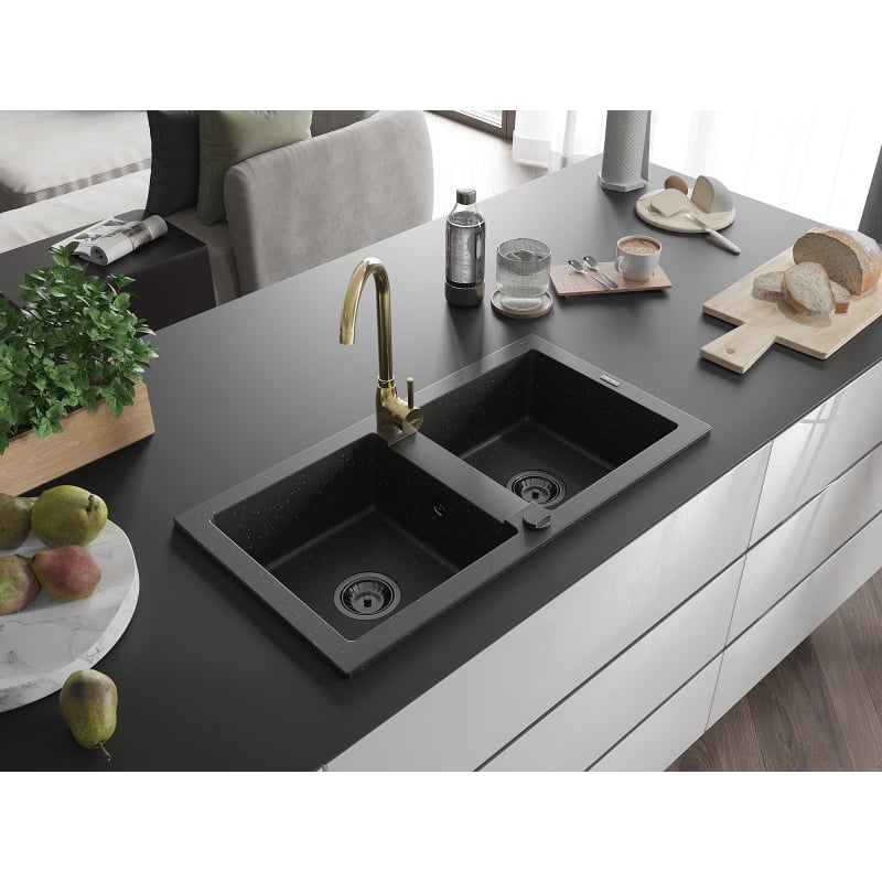 Mexen Mario granite double-bowl sink with Telma kitchen faucet, black/gold - 6504-75-670200-50-B