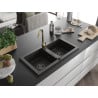 Mexen Mario granite double-bowl sink with Telma kitchen faucet, black/gold - 6504-75-670200-50-B