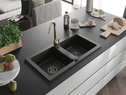 Mexen Mario 2-compartment granite sink with a kitchen mixer tap Telma, Black/Gold - 6504-75-670200-50-B