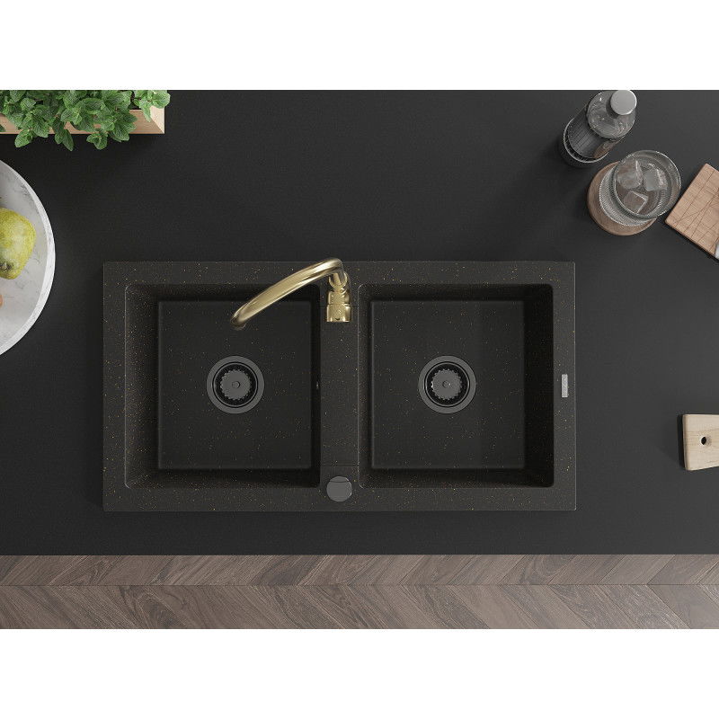 Mexen Mario granite sink 2-bowl with Telma kitchen tap, black/gold - 6504-75-670200-50-B