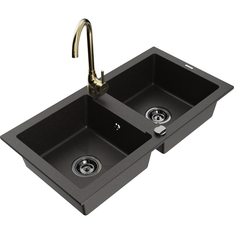 Mexen Mario 2-compartment granite sink with a kitchen mixer tap Telma, Black/Gold - 6504-75-670200-50-B