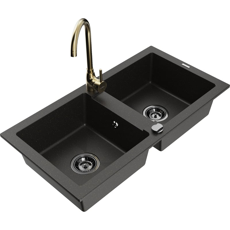 Mexen Mario granite double-bowl sink with Telma kitchen faucet, black/gold - 6504-75-670200-50-B
