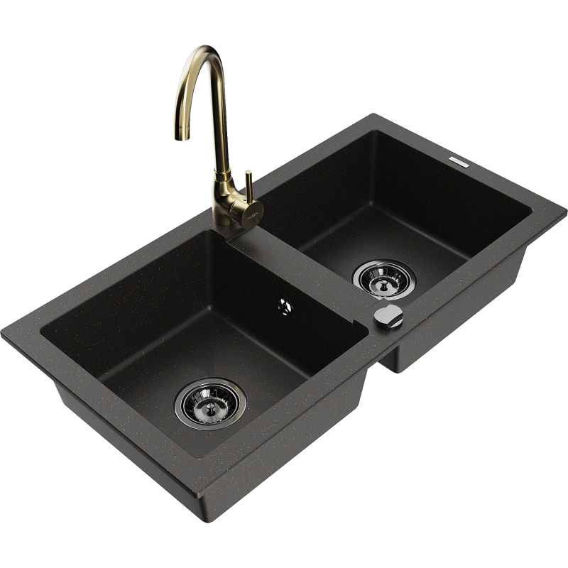 Mexen Mario granite sink 2-bowl with Telma kitchen tap, black/gold - 6504-75-670200-50-B