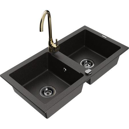 Mexen Mario granite double-bowl sink with Telma kitchen faucet, black/gold - 6504-75-670200-50-B