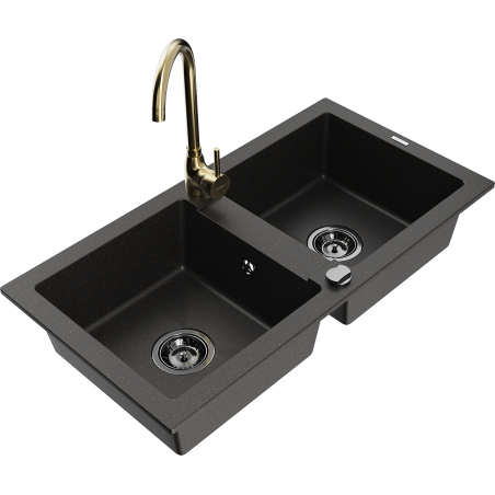 Mexen Mario granite sink 2-bowl with Telma kitchen tap, black/gold - 6504-75-670200-50-B