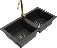 Mexen Mario granite sink 2-bowl with Telma kitchen tap, black/gold - 6504-75-670200-50-B
