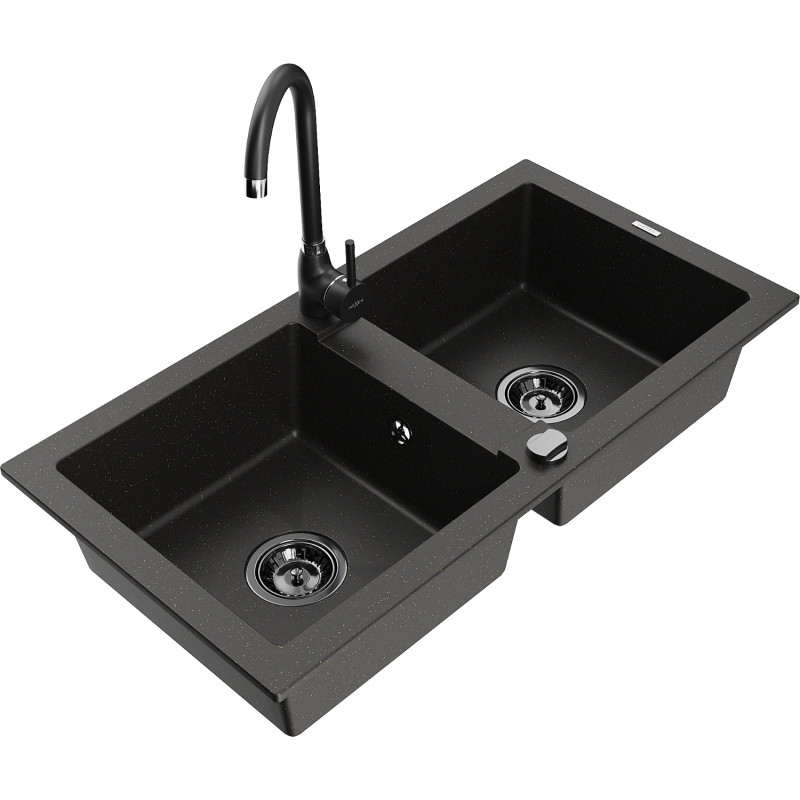 Mexen Mario 2-bowl granite sink with Telma kitchen faucet, black/gold - 6504-75-670200-70-B