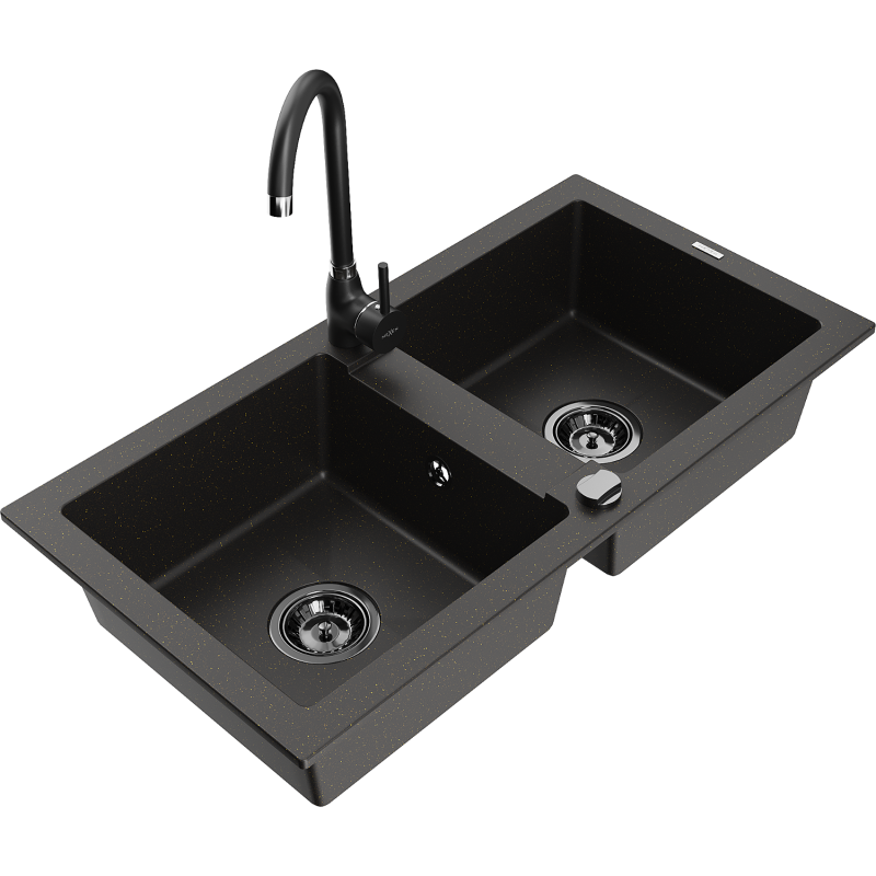 Mexen Mario granite sink 2-bowl with Telma kitchen tap, black/gold - 6504-75-670200-70-B