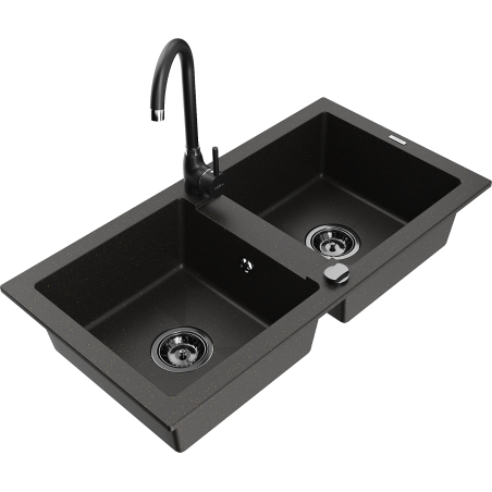 Mexen Mario granite double-bowl kitchen sink with Telma faucet, black/gold - 6504-75-670200-70-B