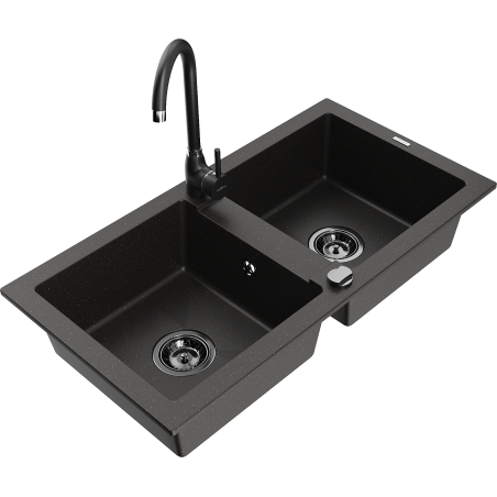 Mexen Mario granite sink 2-bowl with Telma kitchen tap, black/gold - 6504-75-670200-70-B