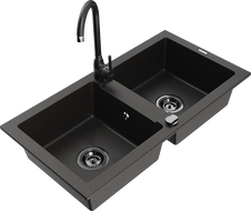 Mexen Mario granite sink 2-bowl with Telma kitchen tap, black/gold - 6504-75-670200-70-B