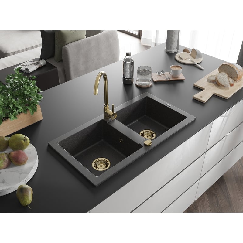 Mexen Mario 2-bowl granite sink with Telma kitchen faucet, black speckled - 6504-76-670200-50