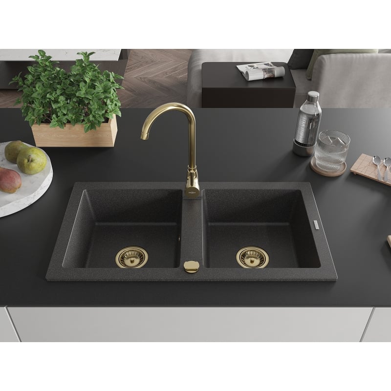 Mexen Mario 2-bowl granite sink with Telma kitchen faucet, black speckled - 6504-76-670200-50