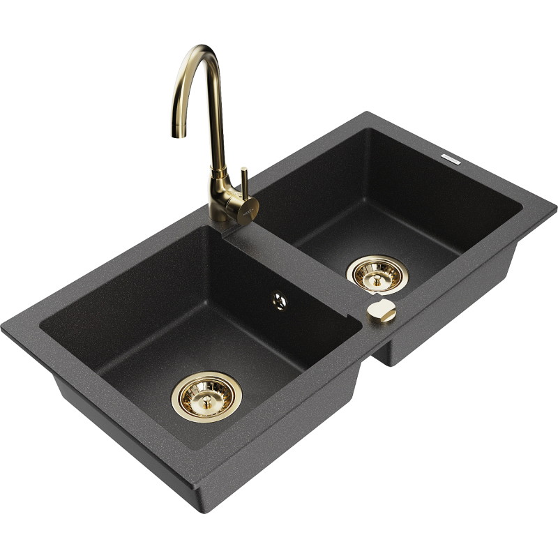 Mexen Mario 2-bowl granite sink with Telma kitchen faucet, black speckled - 6504-76-670200-50