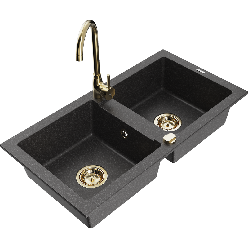 Mexen Mario 2-bowl granite sink with Telma kitchen tap, black speckled - 6504-76-670200-50