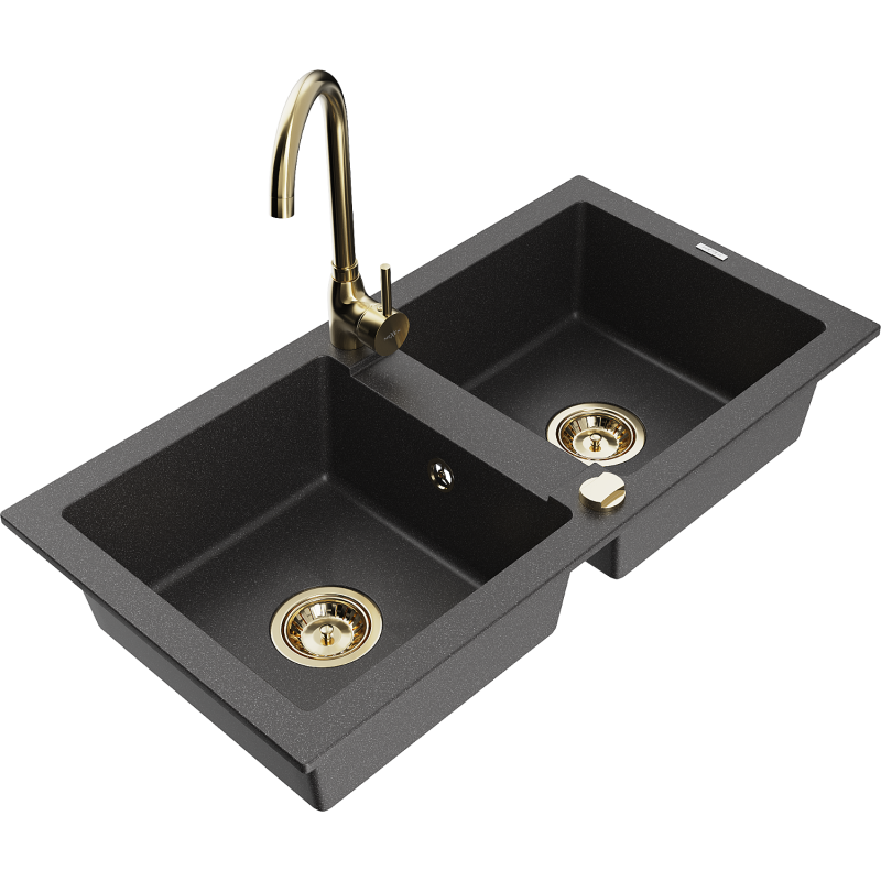 Mexen Mario 2-compartment granite sink with a kitchen mixer tap Telma, spotted black - 6504-76-670200-50