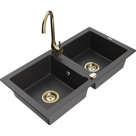 Mexen Mario 2-bowl granite kitchen sink with Telma faucet, speckled black - 6504-76-670200-50