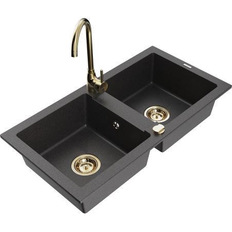 Mexen Mario 2-bowl granite sink with Telma kitchen tap, black speckled - 6504-76-670200-50