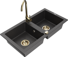 Mexen Mario 2-bowl granite sink with Telma kitchen tap, black speckled - 6504-76-670200-50
