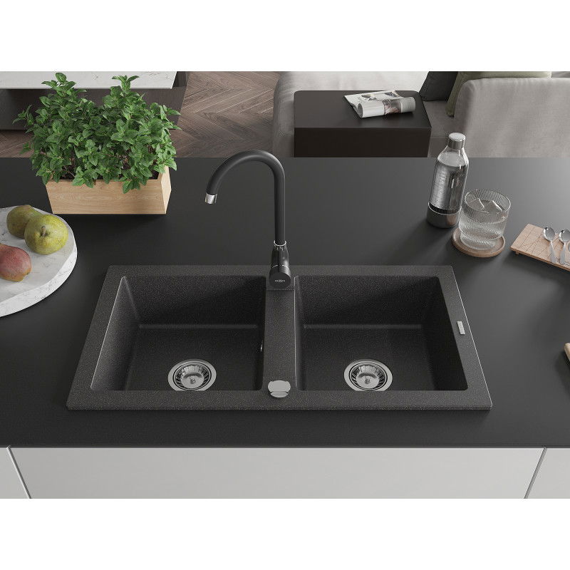 Mexen Mario granite sink 2-chamber with Telma kitchen tap, black speckled - 6504-76-670200-70