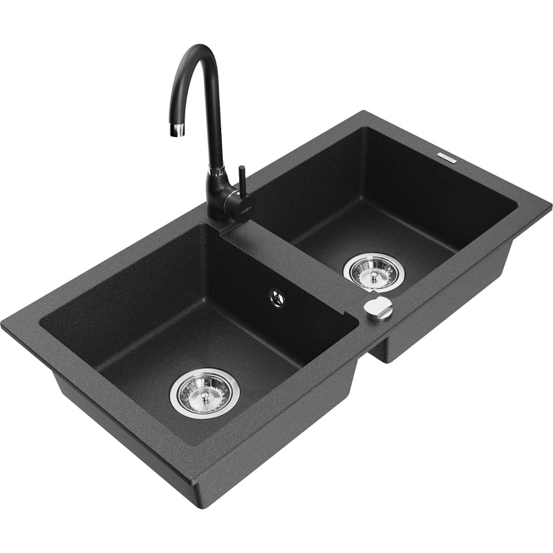 Mexen Mario 2-bowl granite sink with Telma kitchen faucet, black speckled - 6504-76-670200-70