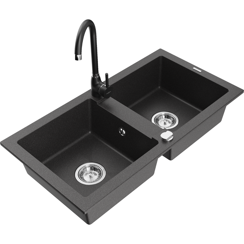 Mexen Mario granite sink 2-chamber with Telma kitchen tap, black speckled - 6504-76-670200-70