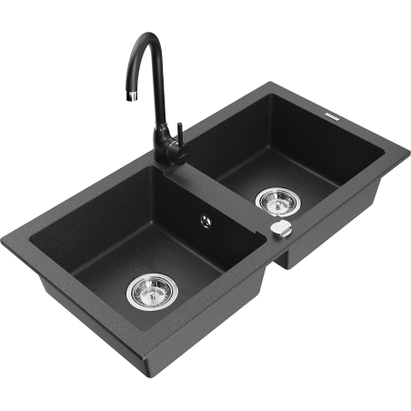 Mexen Mario 2-compartment granite sink with a kitchen mixer tap Telma, spotted black - 6504-76-670200-70