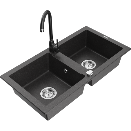 Mexen Mario granite sink 2-chamber with Telma kitchen tap, black speckled - 6504-76-670200-70