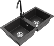Mexen Mario granite sink 2-chamber with Telma kitchen tap, black speckled - 6504-76-670200-70