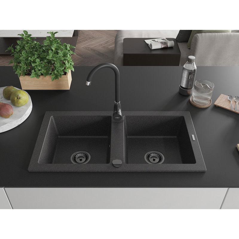 Mexen Mario granite double-bowl sink with Telma kitchen tap, speckled black - 6504-76-670200-70-B