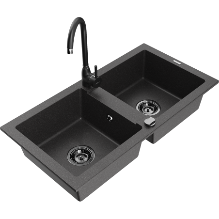 Mexen Mario 2-bowl granite sink with Telma kitchen faucet, speckled black - 6504-76-670200-70-B