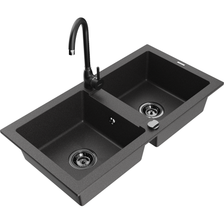 Mexen Mario black speckled granite 2-bowl sink with Telma kitchen faucet - 6504-76-670200-70-B