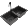 Mexen Mario black speckled granite 2-bowl sink with Telma kitchen faucet - 6504-76-670200-70-B