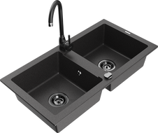 Mexen Mario 2-bowl granite sink with Telma kitchen faucet, speckled black - 6504-76-670200-70-B