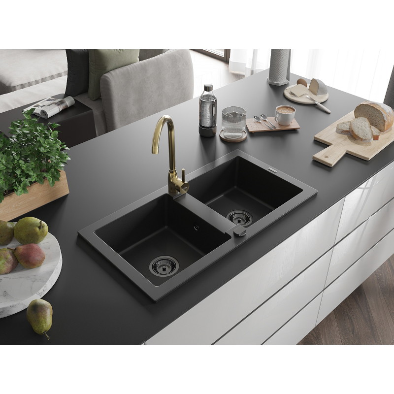 Mexen Mario granite 2-bowl kitchen sink with Telma faucet, black - 6504-77-670200-50-B